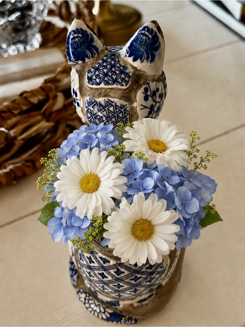 Vintage Nancy Lopez 1981 Delft Blue White Cat Flower Frog Vase Japan - Picture 3 of 10